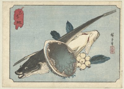 Platvissen, abalone en bessen door Hiroshige (I) , Utagawa