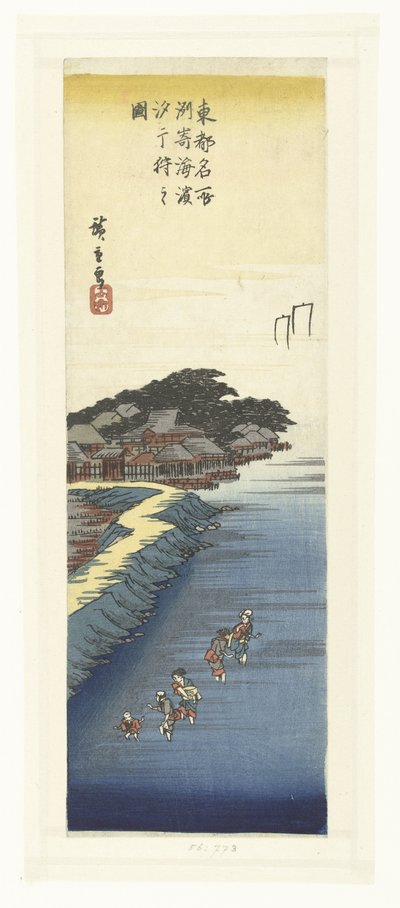 Schelpen verzamelen bij laag water op het strand van Susaki door Hiroshige (I) , Utagawa