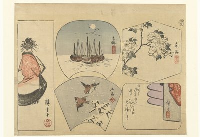 Vijf uitknipplaatjes door Hiroshige (I) , Utagawa