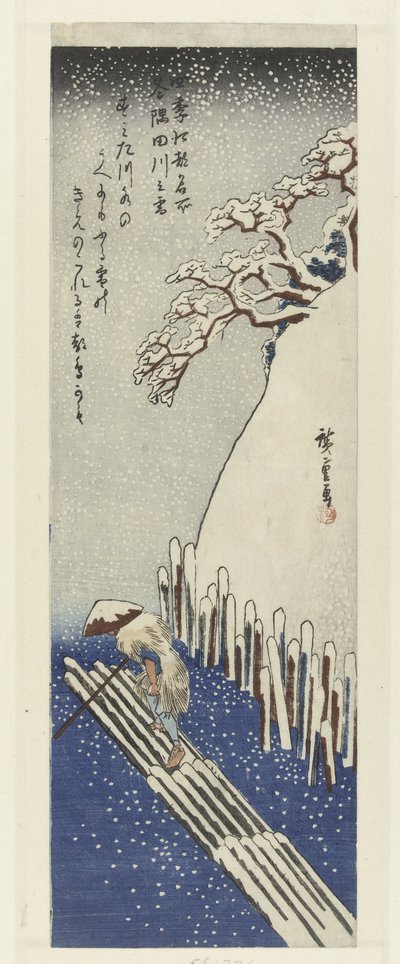 Winter, sneeuw op de Sumida rivier door Hiroshige (I) , Utagawa