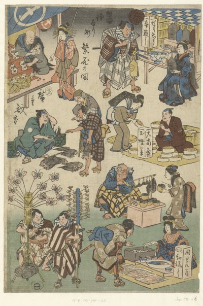 Zeven kraampjes op de avondmarkt in de Joruri straat door Hiroshige (I) , Utagawa
