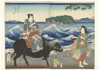 Enoshima gezien vanaf het strand door Hiroshige (II) , Utagawa