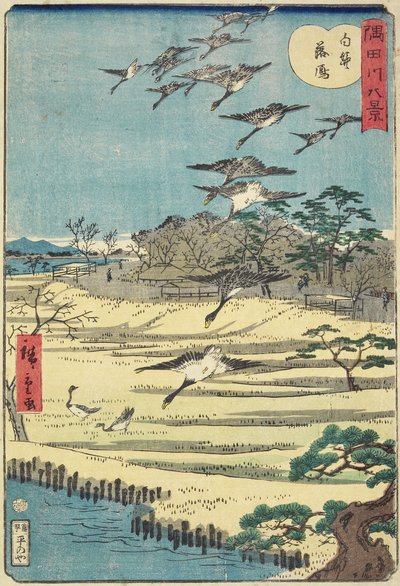 Thuiskomende ganzen bij Shirahige, november 1861 door Hiroshige II