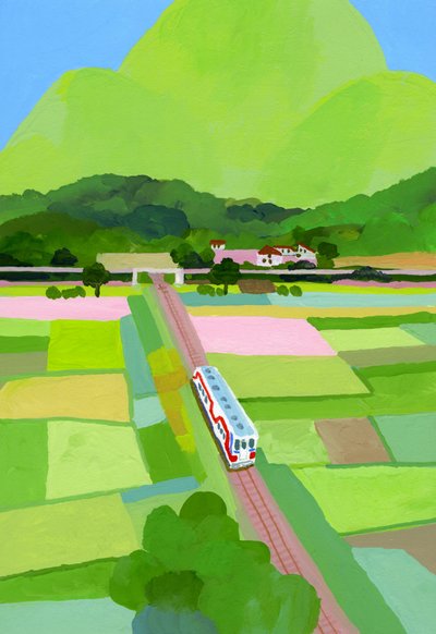 Grote groene berg en rijstveld door Hiroyuki Izutsu