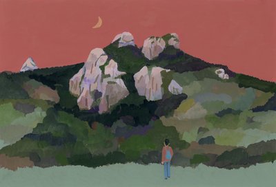 Man met rugzak die in de bergen reist, 2015 door Hiroyuki Izutsu