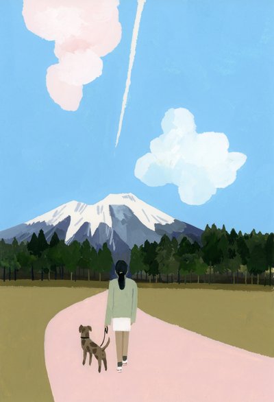 Wandeling met hond en vliegtuigwolk door Hiroyuki Izutsu