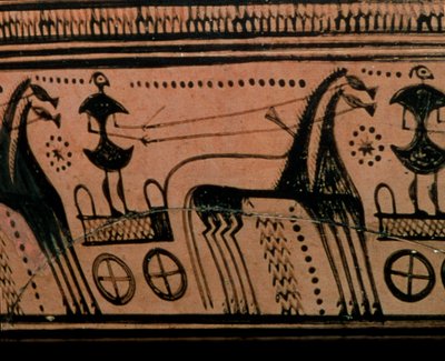 Urn met afbeelding van een wagenmenner, Geometrisch door Hirschfeld painter