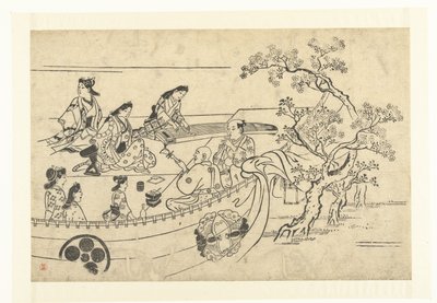 Musicerend gezelschap onder een kersenboom door Hishikawa Moronobu (attributed to)