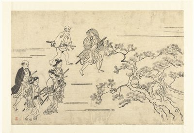 Vijf edellieden en een dienaar op weg naar een picknick door Hishikawa Moronobu (attributed to)