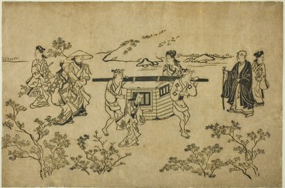Een Voorbijgaande Palankijn, uit de serie "Scènes van Bloemenkijken in Ueno (Ueno hanami no tei)" door Hishikawa Moronobu