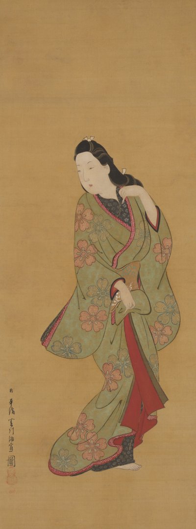 Schoonheid die Haar Hoofd Draait door Hishikawa Moronobu