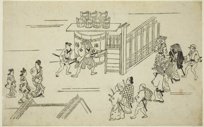 Ingang naar Ageyacho, uit de serie "Het Uiterlijk van Yoshiwara (Yoshiwara no tei)", ca. 1681-84 door Hishikawa Moronobu