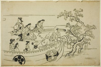 Bloemenkijkfeest met Wapendragend Gordijn, uit de serie "Bloemenkijken in Ueno (Ueno hanami no tei)" door Hishikawa Moronobu