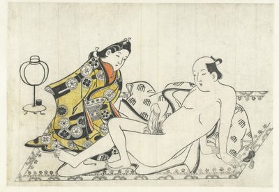 Jonge vrouw en naakte man op kleed door Hishikawa Moronobu