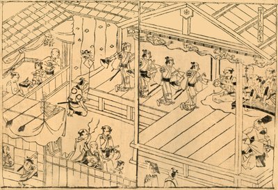 Kabuki-uitvoering in de Shijo-rivierbedding, 1658, 1924 door Hishikawa Moronobu