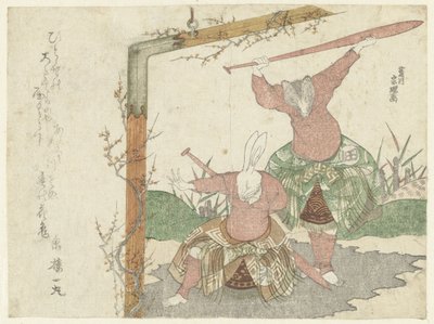 Een schilderij van een haas en een das door Hishikawa Sori