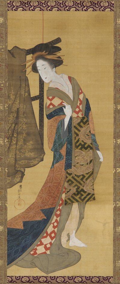 Een courtisane die bij een kledingrek staat, Edo-periode, begin 19e eeuw door Hishikawa Sori