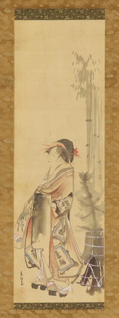 Meisje speelt battledore en shuttlecock, 1615-1868 door Hishikawa Sori