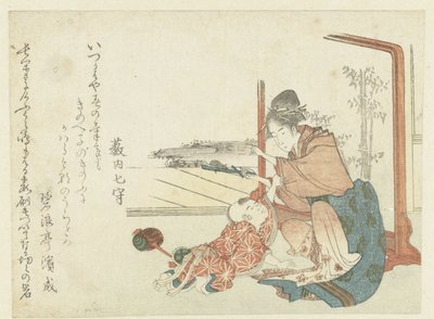 Vrouw speelt met een jong kind door Hishikawa Sori