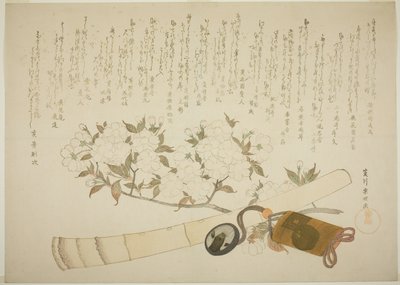 Een tak van witte perzikbloesem, een Inro-koffer en een Hotchiku-fluit door Hishikawa Sori III