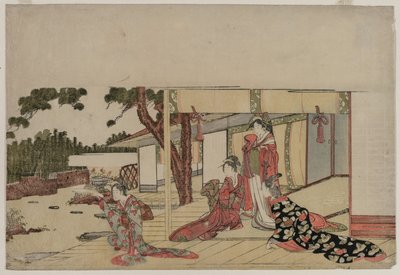 Vrouwen op een veranda door Hishikawa Sori III