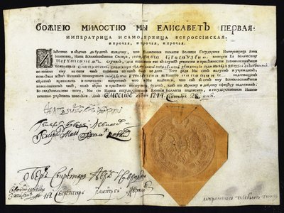 Het eerste decreet van Keizerin Elisabeth 1709-1762 met zegel, 1744 door Historical Document