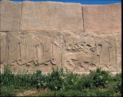Zicht op de basis van reliëfs van de Poort van de Sfinx door Hittite Hittite