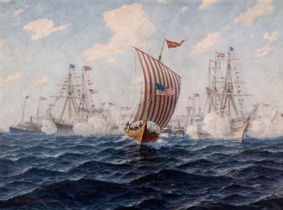 De boot Viking arriveert in Chicago na het oversteken van de Atlantische Oceaan door Hjalmar Johansen