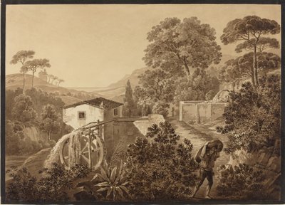 Italiaans landschap met een watermolen door Hélène Boutourlin