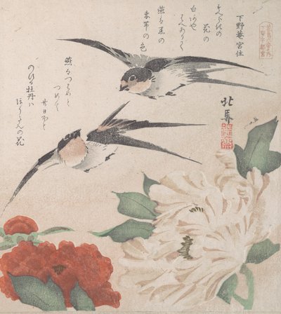 Voorjaarsregen Collectie Harusame shu, deel 3: Zwaluwen en pioenen, ca. 1820 door Hokuba