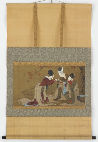 Drie shirabyoshi die sake drinken verwarmd boven een vuur van herfstbladeren, Edo-periode, 1800-1850 door Hokuga