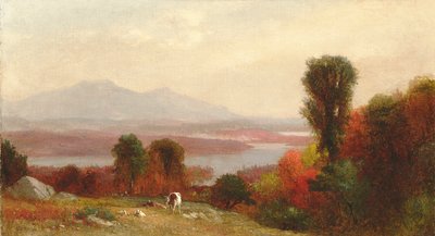 Koeien en Schapen Grazend in een Herfstig Rivierlandschap door Homer Dodge Martin