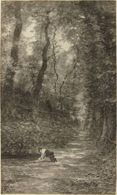 Boslandschap met wasvrouw door Homer Dodge Martin