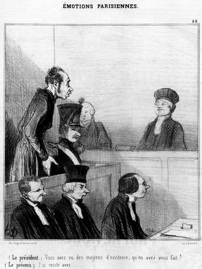 Je had een levensonderhoud, wat heb je ermee gedaan? (De beklaagde) Ik besta met..., serie cartoons over Parijse emoties door Honore Daumier. "Charivari" door Honoré Daumier