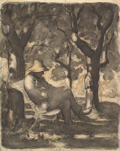 Een man die leest in een tuin, 1825-79 door Honoré Daumier