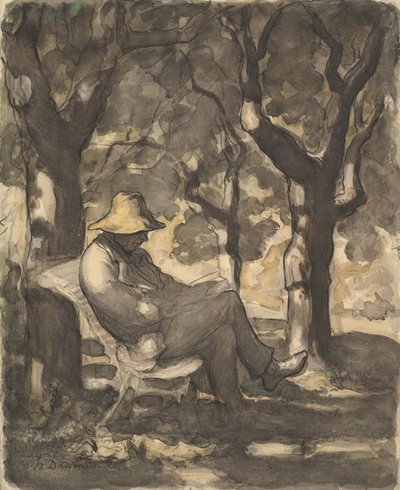 Een man die leest in een tuin, ca. 1865 door Honoré Daumier