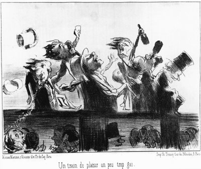 Een leuke trein een beetje te vrolijk: uit "Les trains de Plaisir", serie cartoons over de spoorwegen door Honore Daumier. "Charivari" door Honoré Daumier