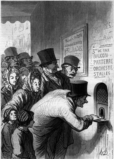 Een theaterraam. Cartoon door Honore Daumier (1808-1879). Gravure in 