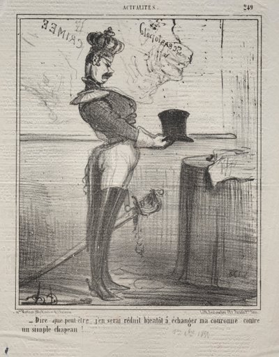 Actualiteiten (Nr. 249): Ze zeggen dat ik binnenkort mijn kroon zal moeten ruilen voor een eenvoudige hoed! door Honoré Daumier