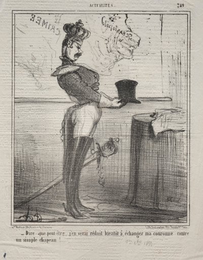 Actualiteiten Nr. 249: Ze zeggen dat ik binnenkort mijn kroon zal moeten ruilen..., 1855 door Honoré Daumier