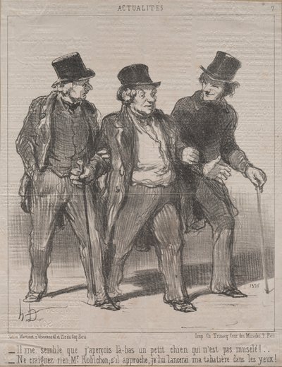 Actualiteiten Nr. 7: Het lijkt me dat ik daar een hondje zie dat niet gemuilkorfd is!..., 1852 door Honoré Daumier