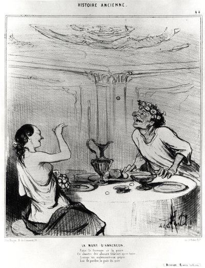 Oude geschiedenis: de dood van Anacreon, karikatuur ter illustratie van een fragment uit de badine werken van Jacques-Benigne Bossuet: 