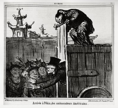 Aankomst in Peking van Amerikaanse ambassadeurs. In serie En Chine, illustratie door Honore Daumier (1808-1879), gepubliceerd in "Charivari", gedateerd 13 oktober 1859. door Honoré Daumier