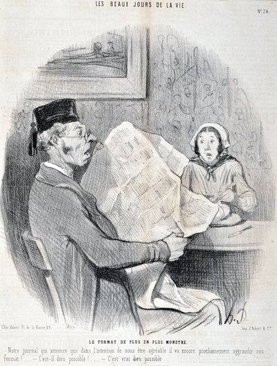 Kunstwerk door Honore Daumier (1808-1879). Charivari: Serie THE BEAUTY DAYS OF LIFE. Het steeds monsterlijker formaat 