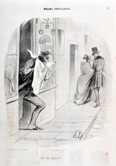 Kunstwerk door Honore Daumier (1808-1879). Charivari dateert uit 1840 Serie MORIES CONJUAL Het is mijn vrouw!!! MUSEUM VAN SCHONE KUNSTEN - PALEIS LONGCHAMP, MARSEILLE door Honoré Daumier