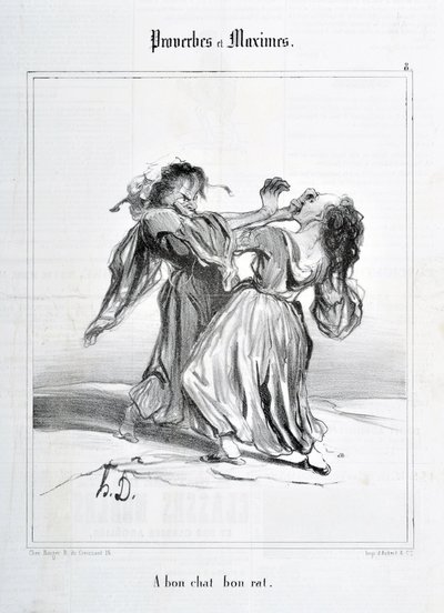 Kunstwerk door Honore Daumier (1808-1879). Charivari dateert uit 1840: Serie PROVERBES ET MAXIMES A bon chat bon rat MUSEE DES BEAUX ARTS - PALAIS LONGCHAMP, MARSEILLE door Honoré Daumier