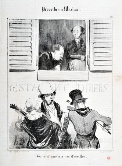 Werk van Honore Daumier (1808-1879). Charivari dateert uit 1840: Serie PROVERBES ET MAXIMES Belly starvation has no ears MUSEE DES BEAUX ARTS - PALAIS LONGCHAMP, MARSEILLE door Honoré Daumier