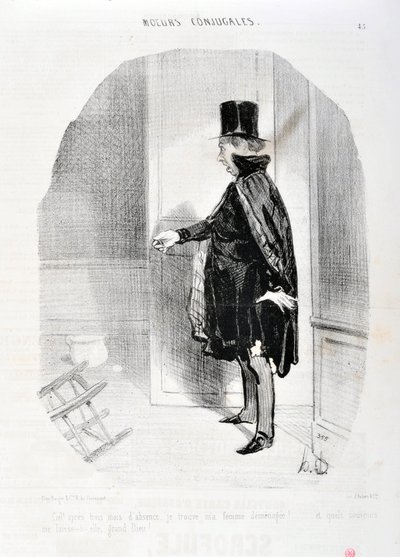 Kunstwerk door Honore Daumier (1808-1879). Charivari dateert uit 1842: Serie MORES CONJUALES Hemel na drie maanden afwezigheid vind ik mijn vrouw verhuisd en wat herinneringen was ik haar grote God! MUSEUM VAN SCHONE KUNSTEN - PALEIS LONGCHAMP, MARSEILLE door Honoré Daumier