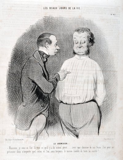 Kunstwerk door Honore Daumier (1808-1879). Charivari dateert uit 1845: Serie LES BEAUX DAYS DE LA VIE. De blouse -Meneer, ik heb je de beste kleding gemaakt... met een shirt op mijn manier kun je je in elke woonkamer presenteren en we zullen altijd het bes door Honoré Daumier