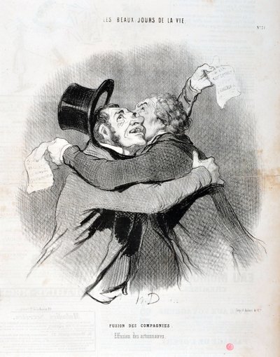 Kunstwerk door Honore Daumier (1808-1879). Charivari uit 1845: Serie LES BEAUX DAYS DE LA VIE. Fusie van bedrijven - Uitval van aandeelhouders. MUSEUM OF FINE ARTS - PALACE LONGCHAMP, MARSEILLE door Honoré Daumier